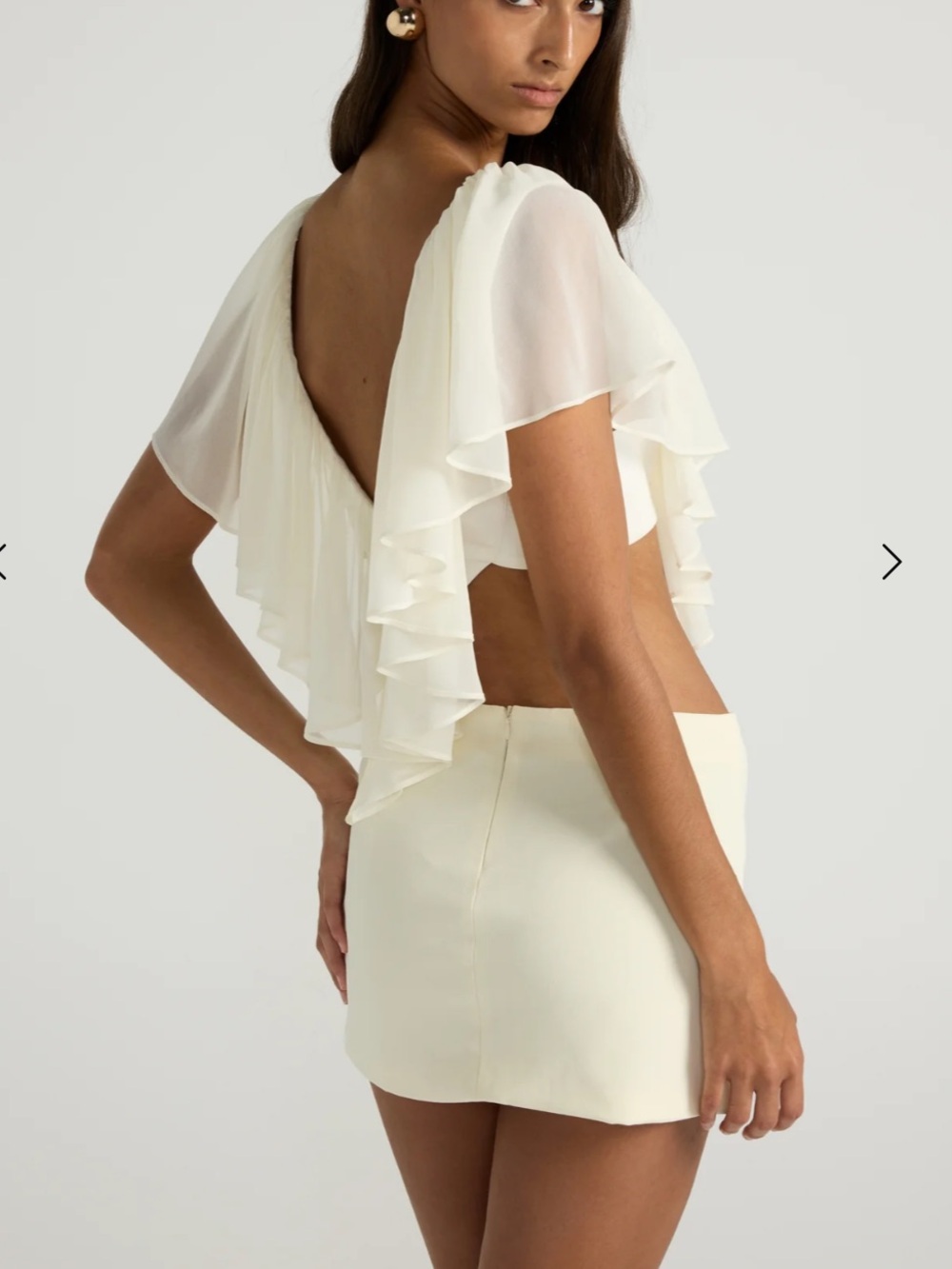 Ance Gria Ivory Ruffle Deep V Crop Top and Mini Skirt Set - Picture 3 of 4